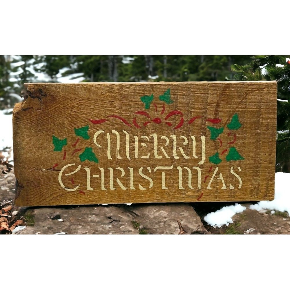 Vintage Merry Christmas Sign Rustic Wood Decor Handmade Stenciled Wall Hanging